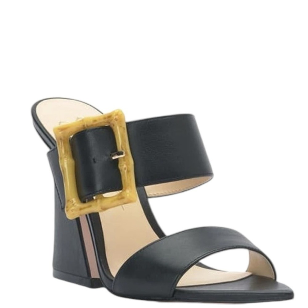Jessica Simpson Black Leather Bamboo Buckle Pointed Toe Mule Heels Size 7 NWB